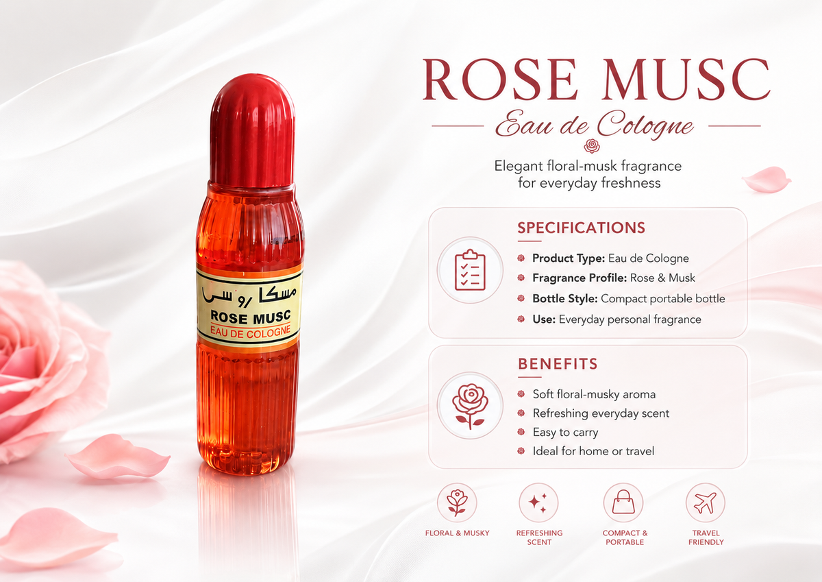 A bottle of Rose Musk Eau de Cologne fragrance shown on a clean white background with decorative rose petals and printed product information beside it. The bottle is transparent with amber-red liquid and a red cap, with a cream label featuring Arabic and English text.