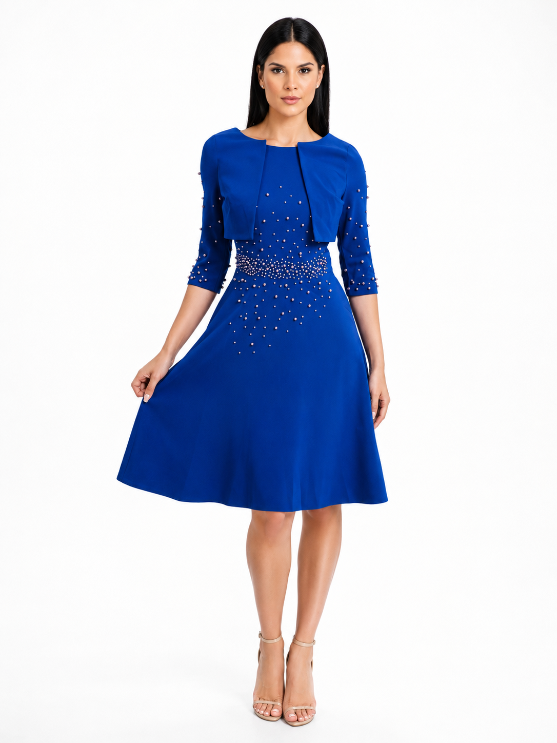 Luxury Pearl Embellished Bolero Jacket Fit & Flare Knee-Length Dress – Women's Elegant Occasion Dress