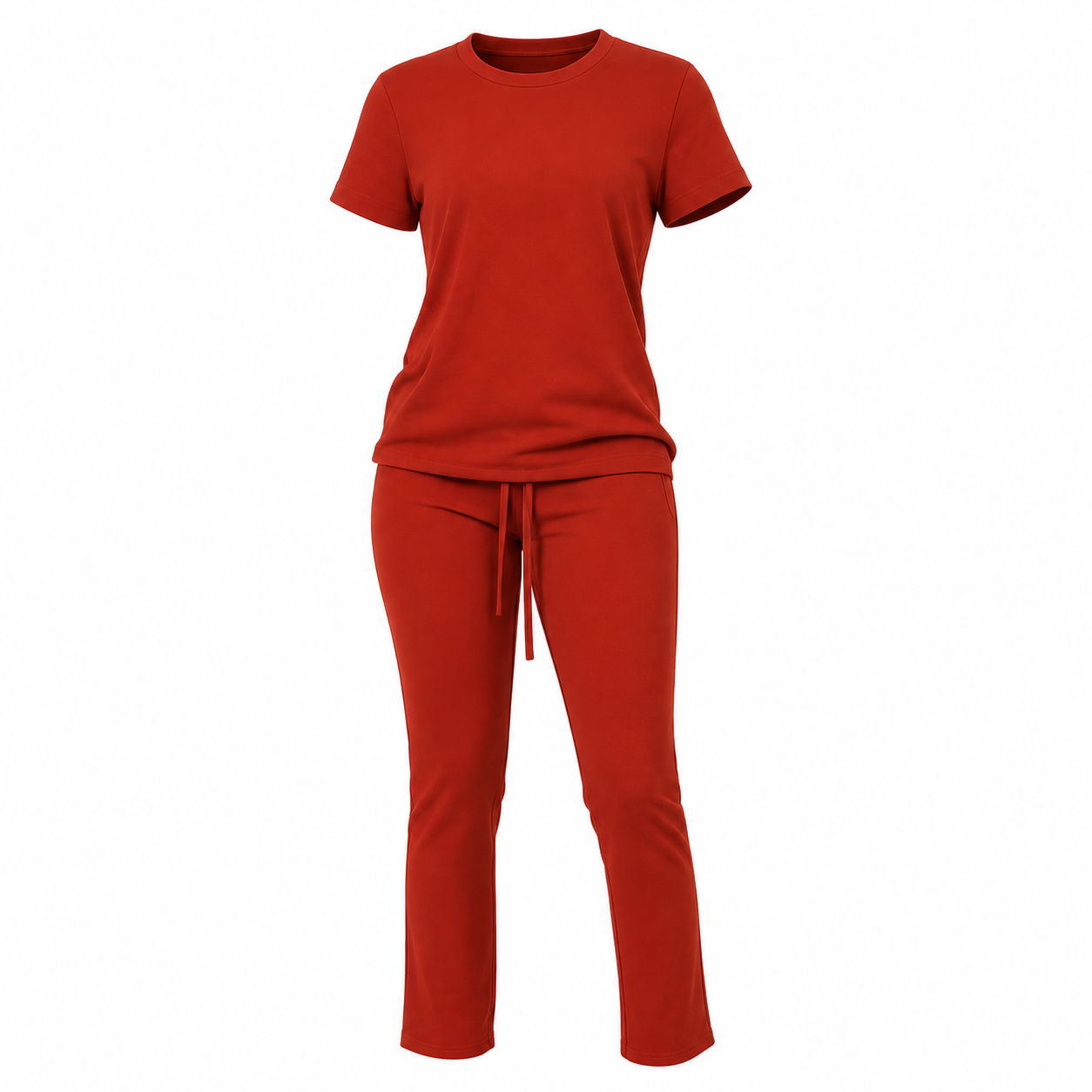 A two-piece lounge set in a rust red color, featuring a short-sleeve crewneck t-shirt and matching drawstring pants, shown on a plain white background.