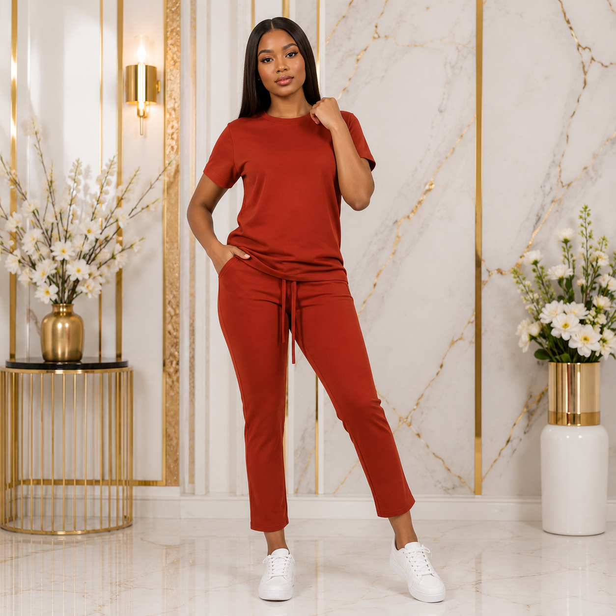A woman modeling a matching rust-red two-piece loungewear set consisting of a short-sleeve t-shirt and drawstring pants, paired with white sneakers in a luxury marble-walled room.