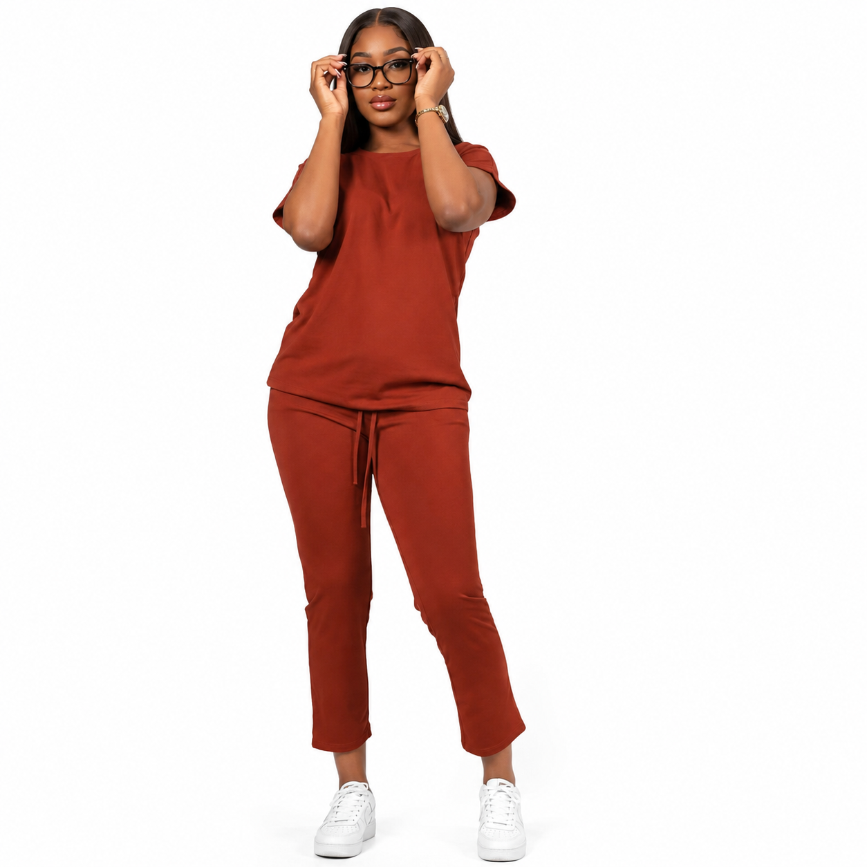 Women's Casual Short Sleeve T-Shirt & Drawstring Pants Two-Piece Lounge Set – Relaxed Co-Ord Outfit (Rust, Beige & Red)