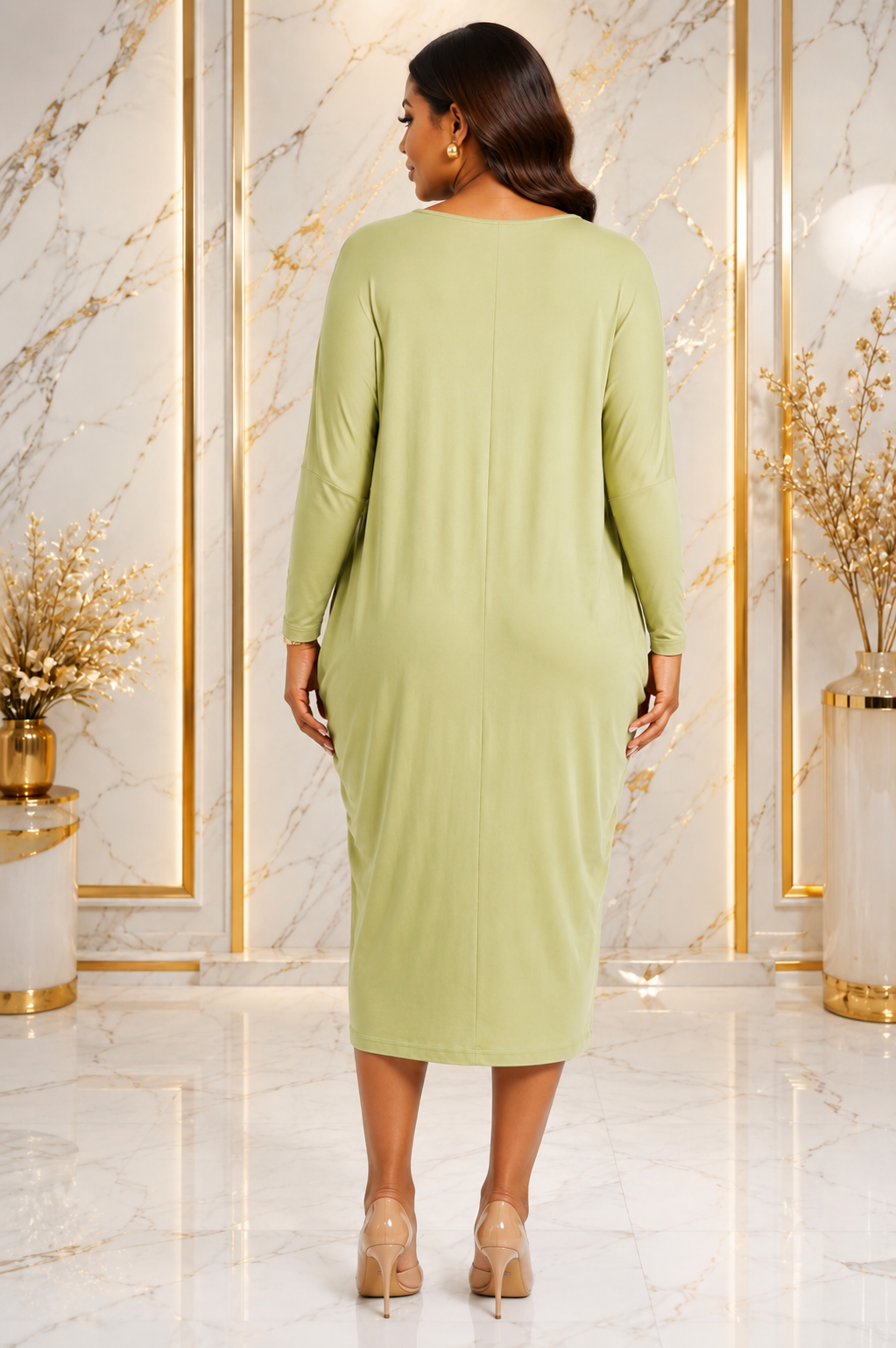 Luxury Rhinestone Shoulder Batwing Sleeve Draped Midi Dress – Women's Elegant Casual Dress