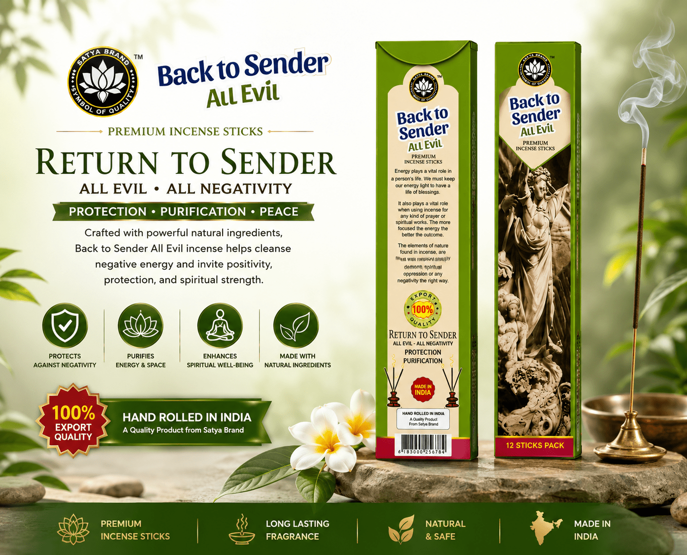 Satya Back to Sender All Evil Premium Incense Sticks | 20 Slow-Burning Aromatic Incense for Prayer, Meditation & Home Fragrance - Incense - Cherubim Aura