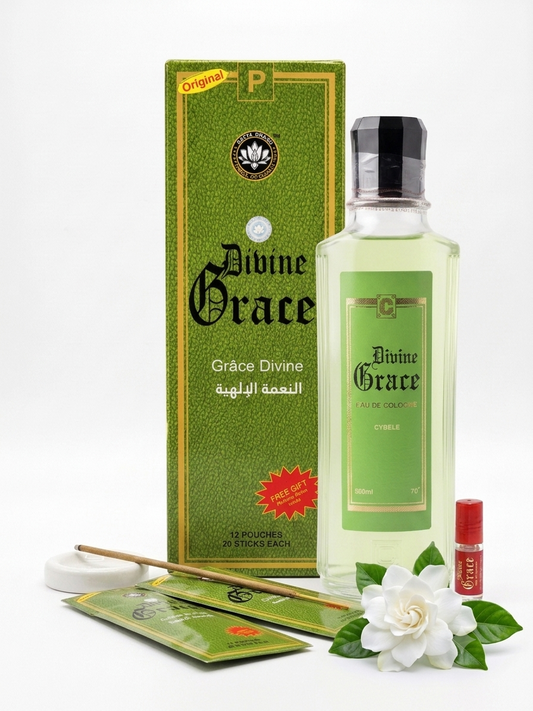 Divine Grace incense box with eau de cologne bottle, green glass, incense sticks and white flower