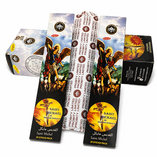 Saint Michael incense stick boxes, Original angel artwork, shown in multiple angles.