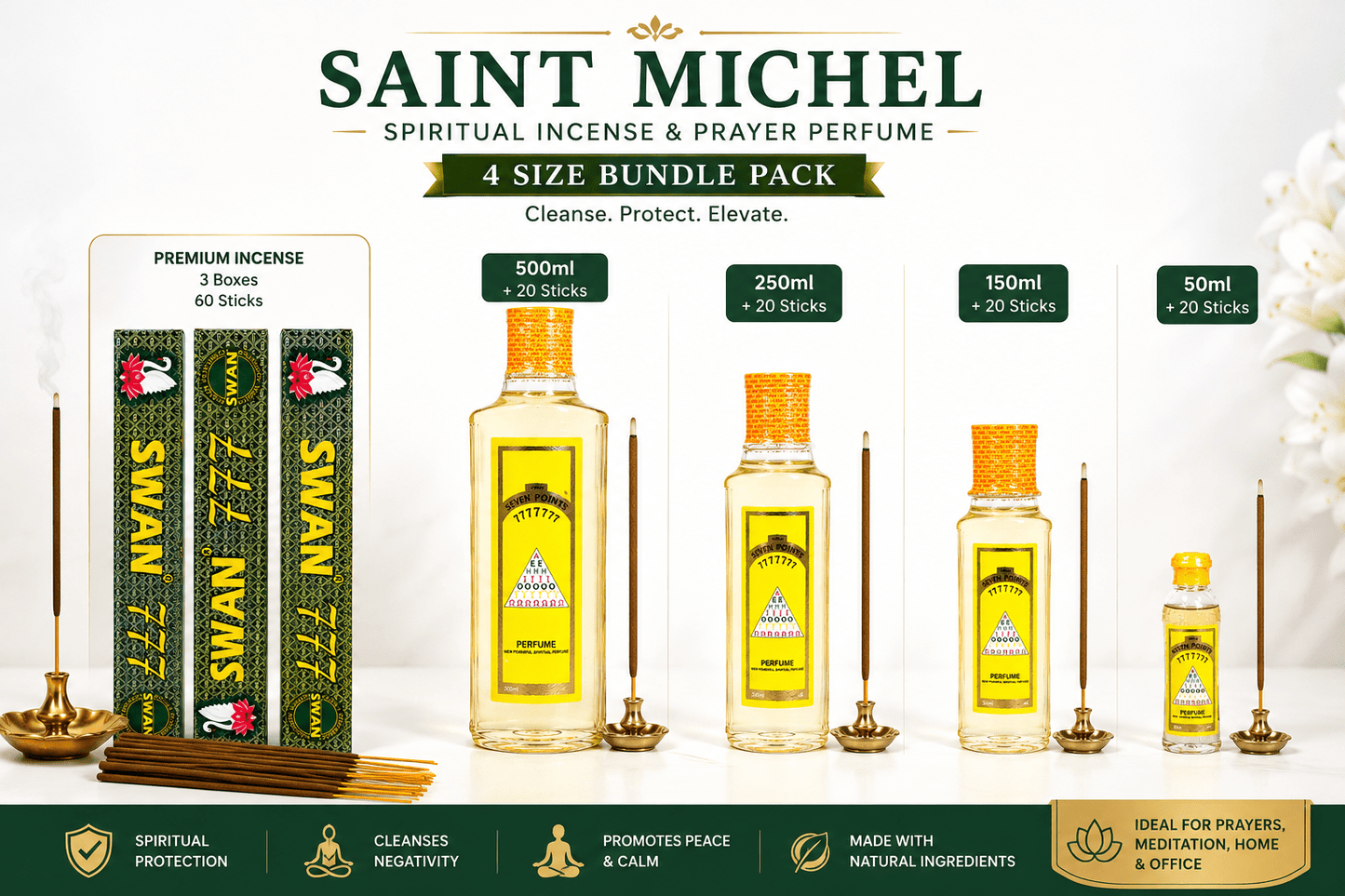 Seven Points St. Michael Prayer Perfume & Swan 777 Premium Incense Bundle | 500ml, 250ml, 150ml & 50ml Fragrance Collection - Bundle - Cherubim Aura