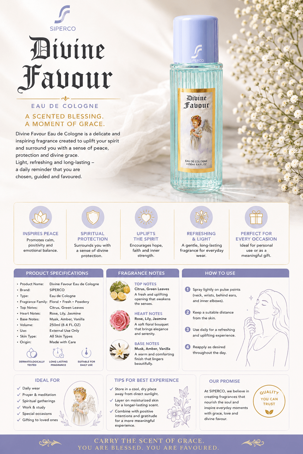 SIPERCO Divine Favour – Elegant Eau De Cologne - Traditional Spiritual Blessing Spray - 300ml - Perfume - Cherubim Aura