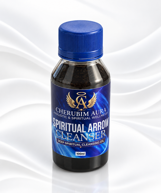 A 100ml bottle of Cherubim Aura Spiritual Arrow Cleanser, featuring a dark liquid inside, a blue cap, and a blue label with gold and white text, set against a white background with soft wavy lines.
