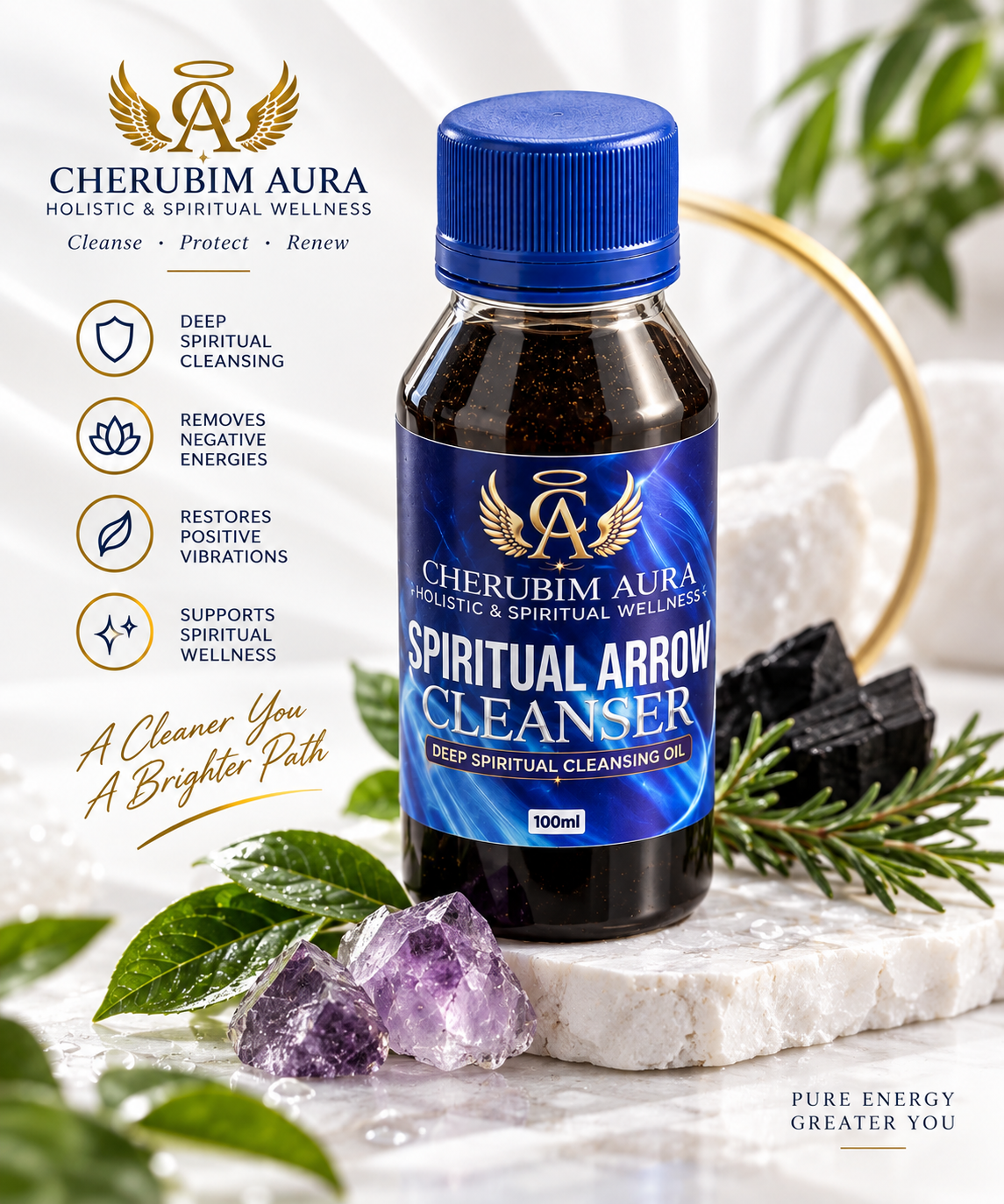 A bottle of Cherubim Aura Spiritual Arrow Cleanser oil with a blue cap and blue label, styled on a white marble slab with crystals, rosemary, and leaves against a white background with product benefits listed on the left.