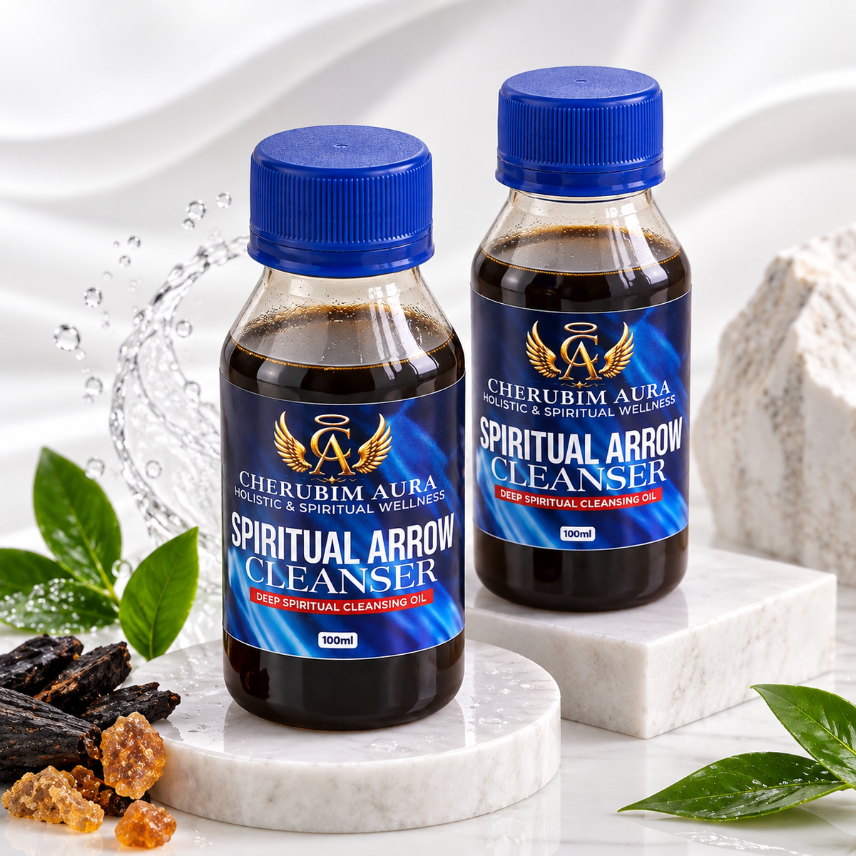 Two bottles of Cherubim Aura Spiritual Arrow Cleanser oil displayed on white marble blocks with decorative leaves, bark, and a splash of water on a white background.