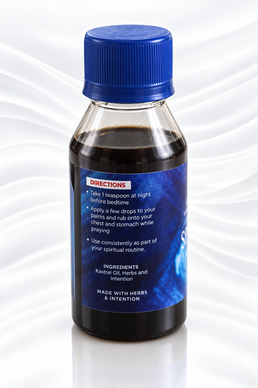 A small clear bottle with a blue cap containing dark liquid, shown on a white background with a subtle wave pattern. The label is blue and white with text including 'DIRECTIONS' and 'MADE WITH HERBS & INTENTION'.