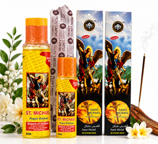 St. Michael Prayer Perfume Bundle | 500ml & 250ml Prayer Perfumes with 1 Pack of Premium Incense Sticks. - Bundle - Cherubim Aura