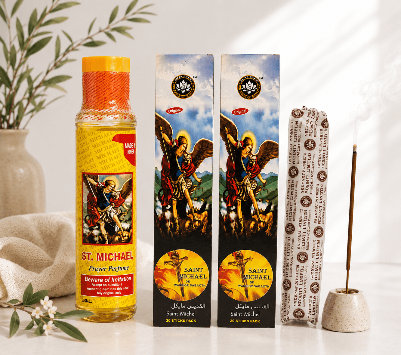 St. Michael Prayer Perfume Bundle | 500ml & 250ml Prayer Perfumes with 1 Pack of Premium Incense Sticks. - Bundle - Cherubim Aura