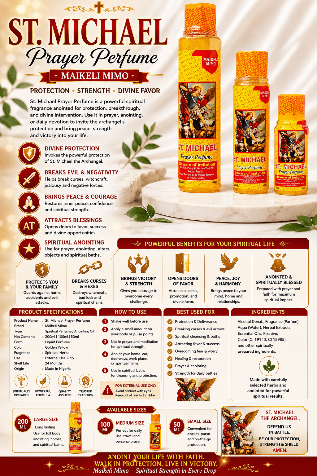 St. Michael Prayer Perfume | Spiritual Cologne | Divine Favor and Protection| Available in 500ml, 250ml & 150ml - Perfume - Cherubim Aura