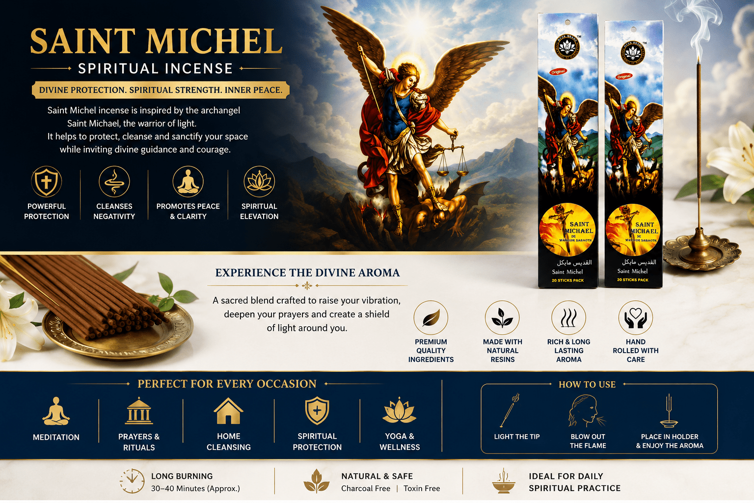 St. Michael Premium Incense Sticks | 20 Slow-Burning Aromatic Incense for Prayer, Worship & Home Fragrance - Incense - Cherubim Aura