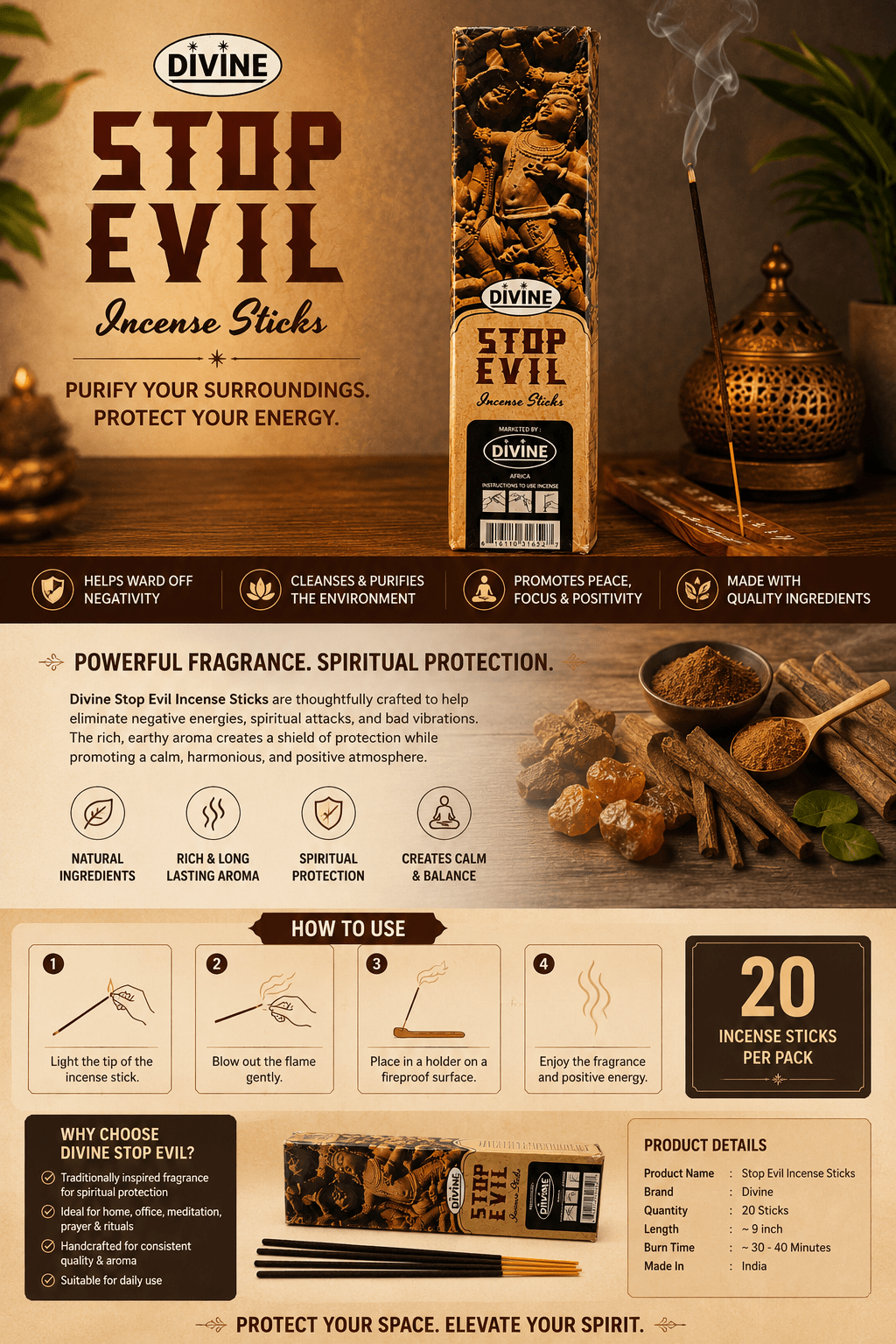 Stop Evil Premium Incense Sticks | Home Fragrance Incense for Prayer & Meditation | 20 Sticks - Incense - Cherubim Aura