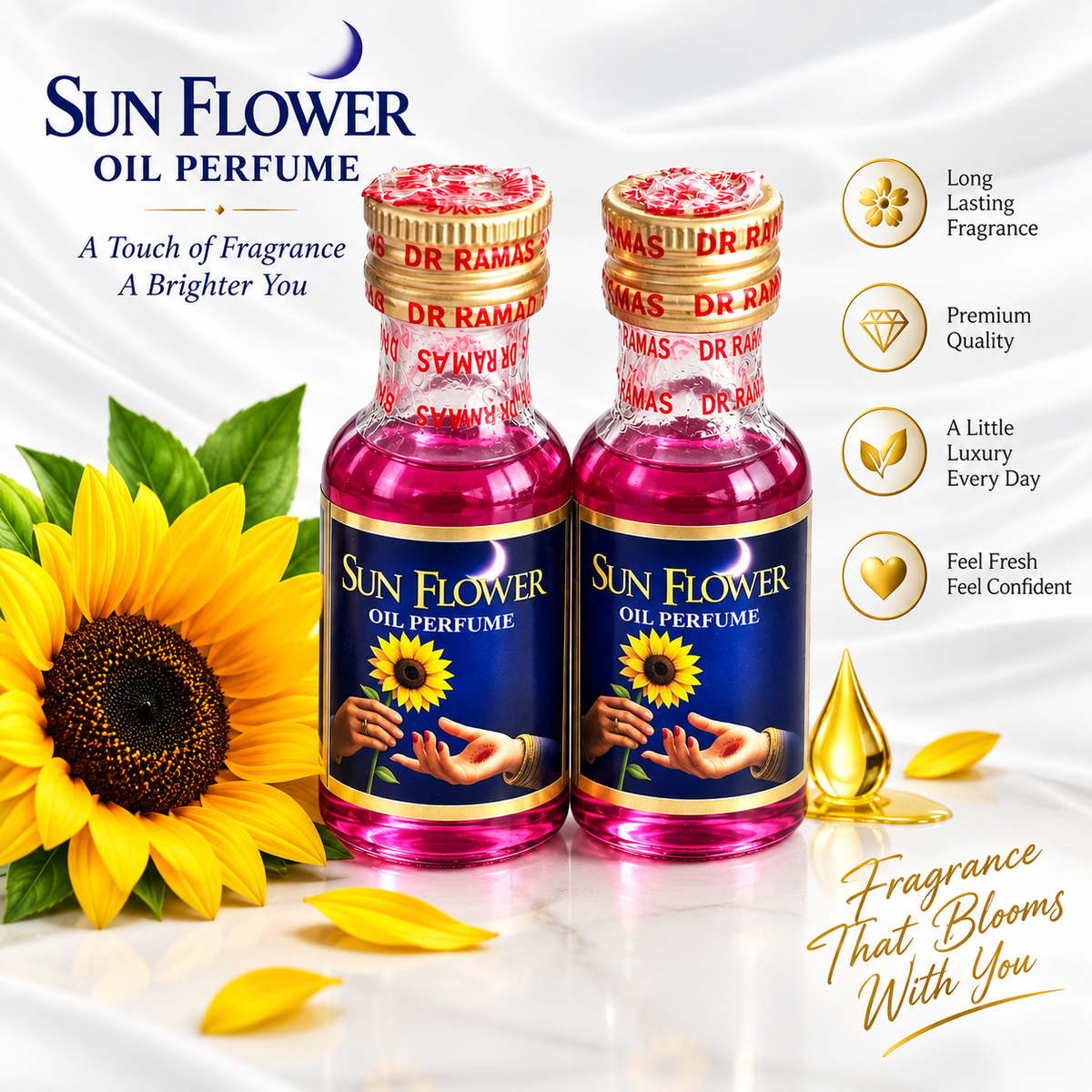Two bottles of Dr. Ramdas Sun Flower Oil Perfume with pink liquid, displayed alongside a large yellow sunflower and decorative text on a white background.