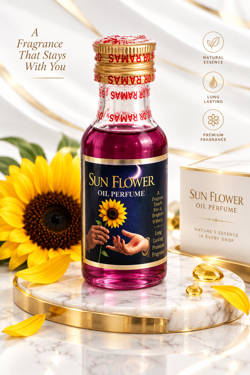 Sun Flower Oil Perfume by Ramas, a small glass bottle filled with magenta-colored fragrance oil, displayed on a gold-rimmed marble tray with a sunflower, gold capsules, and its packaging box.