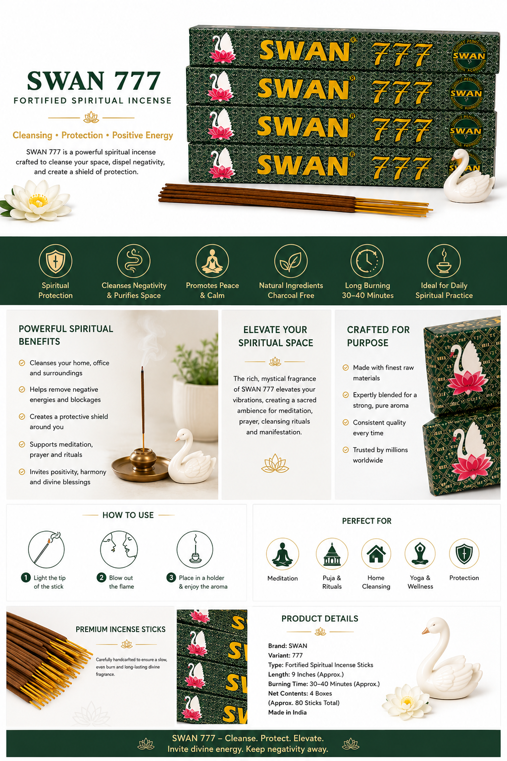 Swan 777 Premium Incense Sticks (20 Sticks) – Traditional Home Fragrance & Prayer Incense