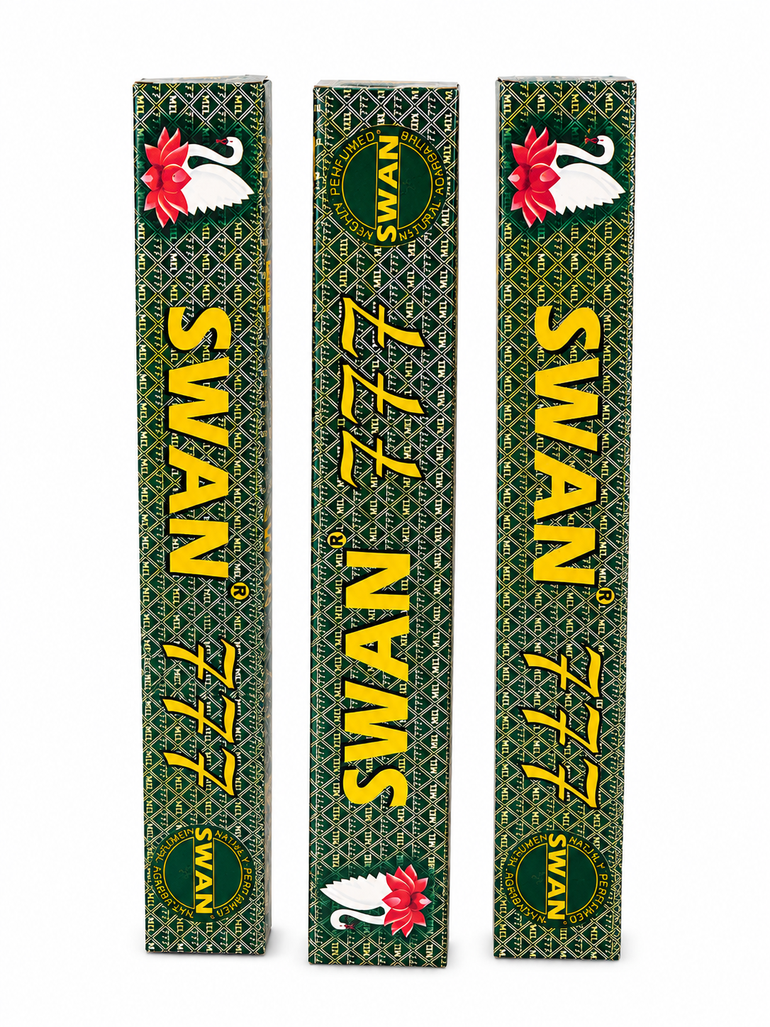 Three packages of Swan 777 incense sticks on a white background