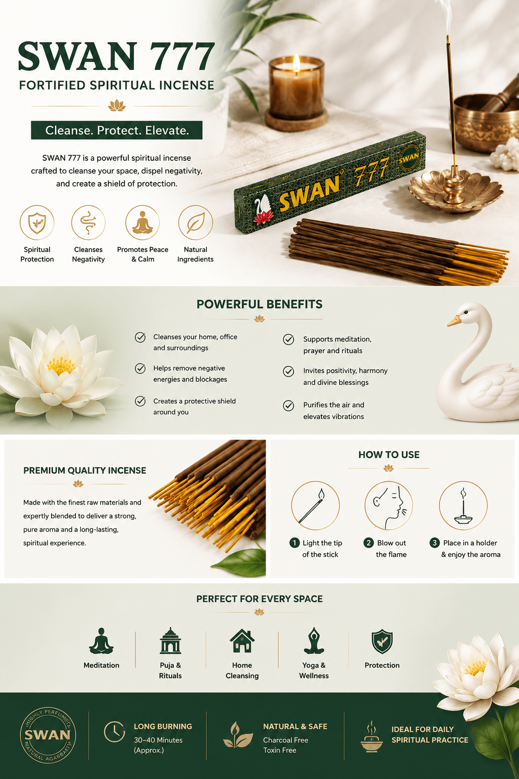 Swan 777 Premium Incense Sticks (20 Sticks) – Traditional Home Fragrance & Prayer Incense - Incense - Cherubim Aura