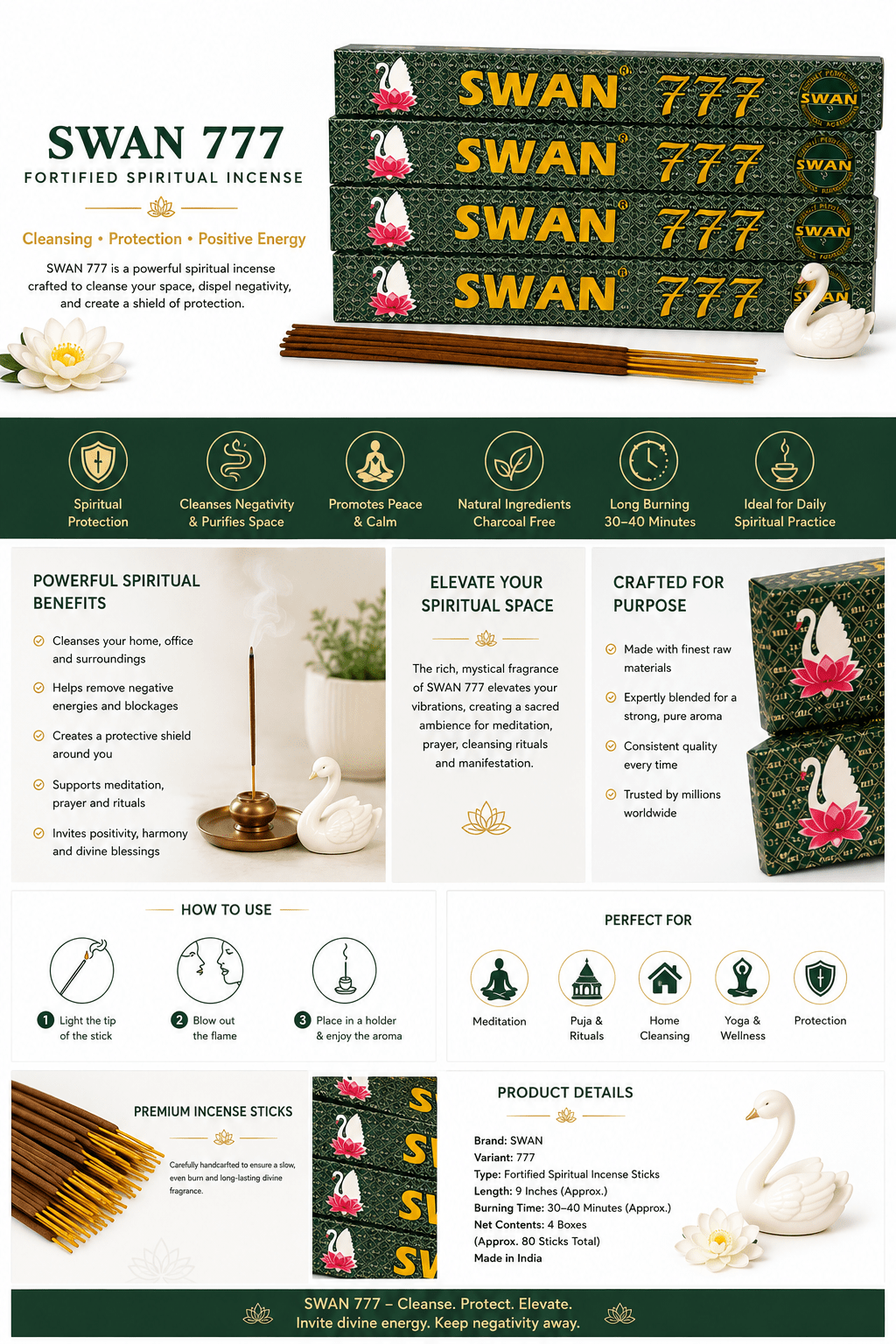 Swan 777 Premium Incense Sticks (20 Sticks) – Traditional Home Fragrance & Prayer Incense - Incense - Cherubim Aura