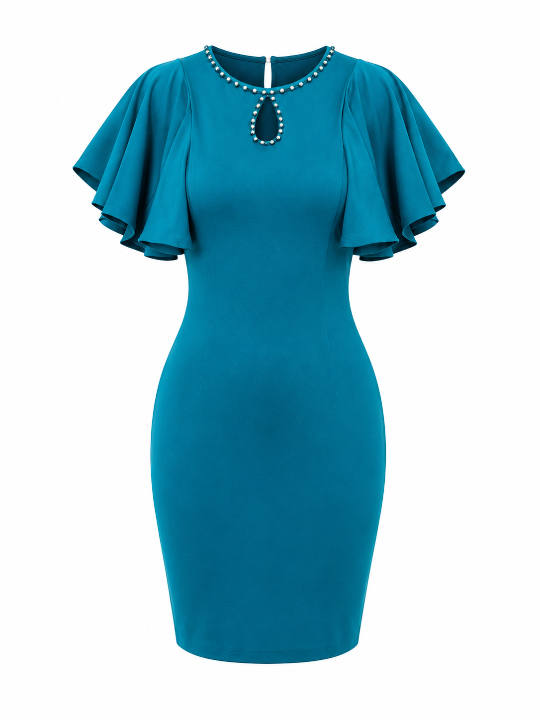 A teal bodycon dress with short flutter sleeves and a keyhole neckline decorated with a teardrop-shaped cutout and a border of small pearls, shown on a plain white background.