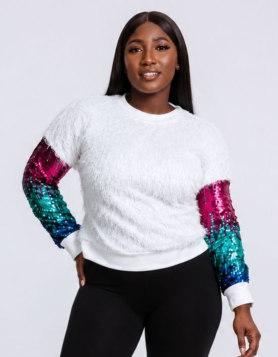 Teen Girls’ White Sequin Fluffy Sleeve Sweatshirt – Multicolour Ombre Long Sleeve Pullover – One Size UK 6–10 - Sweatshirt - Cherubim Aura