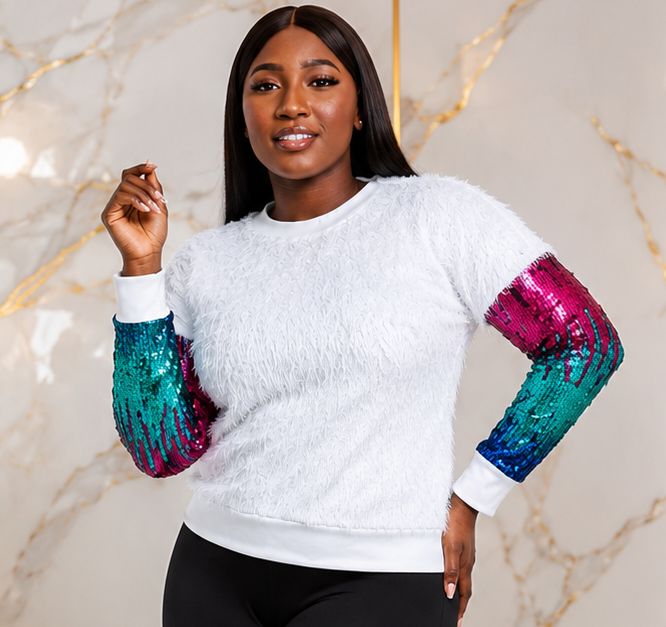 Teen Girls’ White Sequin Fluffy Sleeve Sweatshirt – Multicolour Ombre Long Sleeve Pullover – One Size UK 6–10 - Sweatshirt - Cherubim Aura