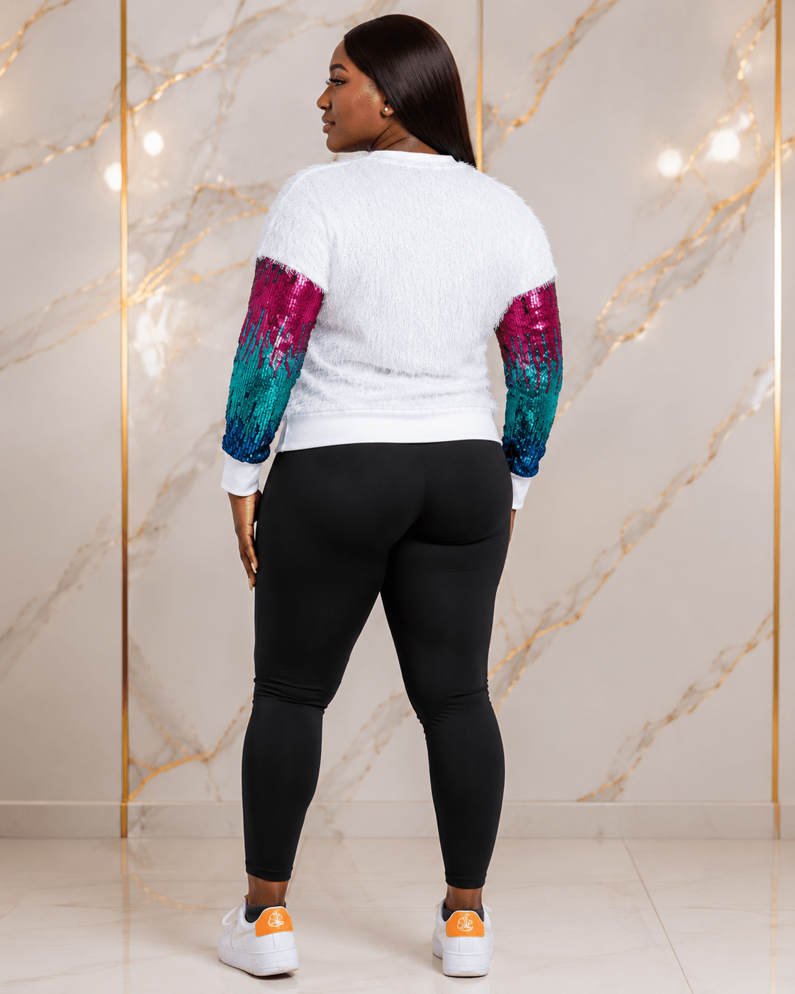 Teen Girls’ White Sequin Fluffy Sleeve Sweatshirt – Multicolour Ombre Long Sleeve Pullover – One Size UK 6–10 - Sweatshirt - Cherubim Aura