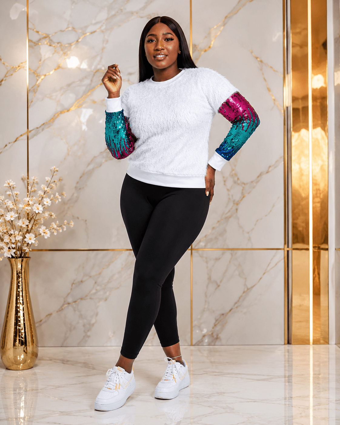 Teen Girls’ White Sequin Fluffy Sleeve Sweatshirt – Multicolour Ombre Long Sleeve Pullover – One Size UK 6–10 - Sweatshirt - Cherubim Aura