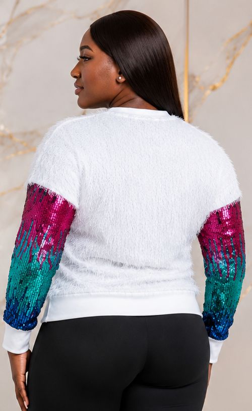 Teen Girls’ White Sequin Fluffy Sleeve Sweatshirt – Multicolour Ombre Long Sleeve Pullover – One Size UK 6–10 - Sweatshirt - Cherubim Aura