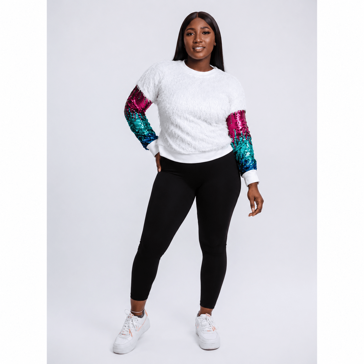 Teen Girls’ White Sequin Fluffy Sleeve Sweatshirt – Multicolour Ombre Long Sleeve Pullover – One Size UK 6–10 - Sweatshirt - Cherubim Aura