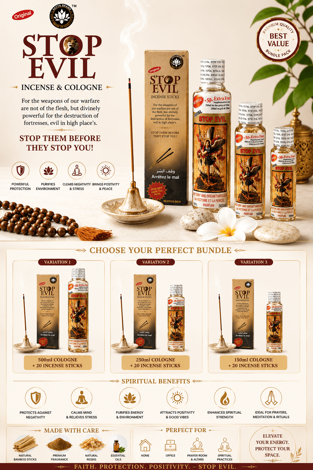 Total Stop Evil Cologne & Incense Bundle Pack | Fortified Incense Sticks & Prayer Cologne Combo Set - Bundle - Cherubim Aura