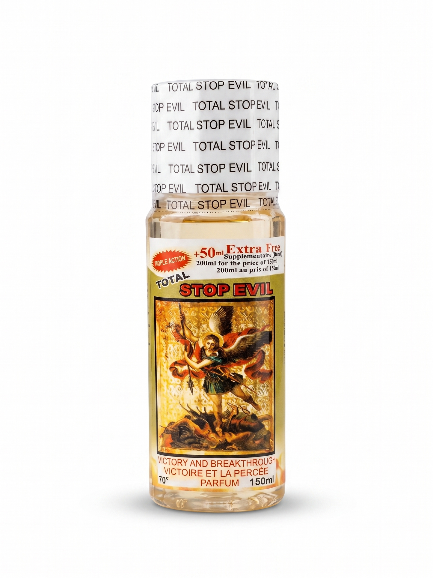 Bottle of 'Total Stop Evil' perfume with a warrior design on the label.