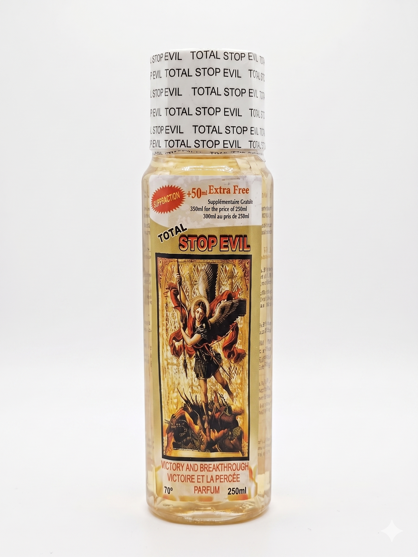Bottle of 'Total Stop Evil' perfume with a warrior design on the label against a white background