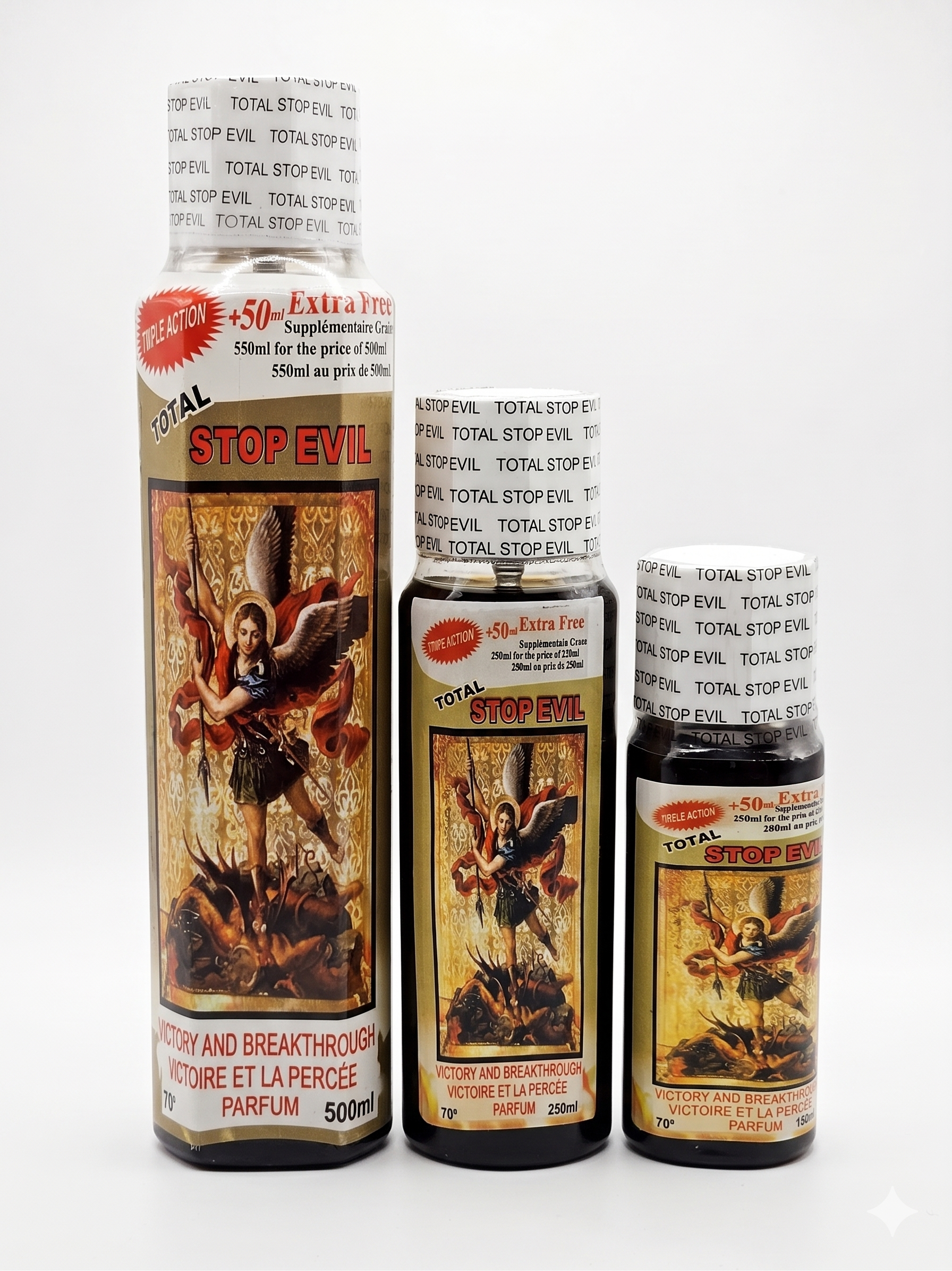 Three bottles of 'Total Stop Evil' with graphic labels on a white background
