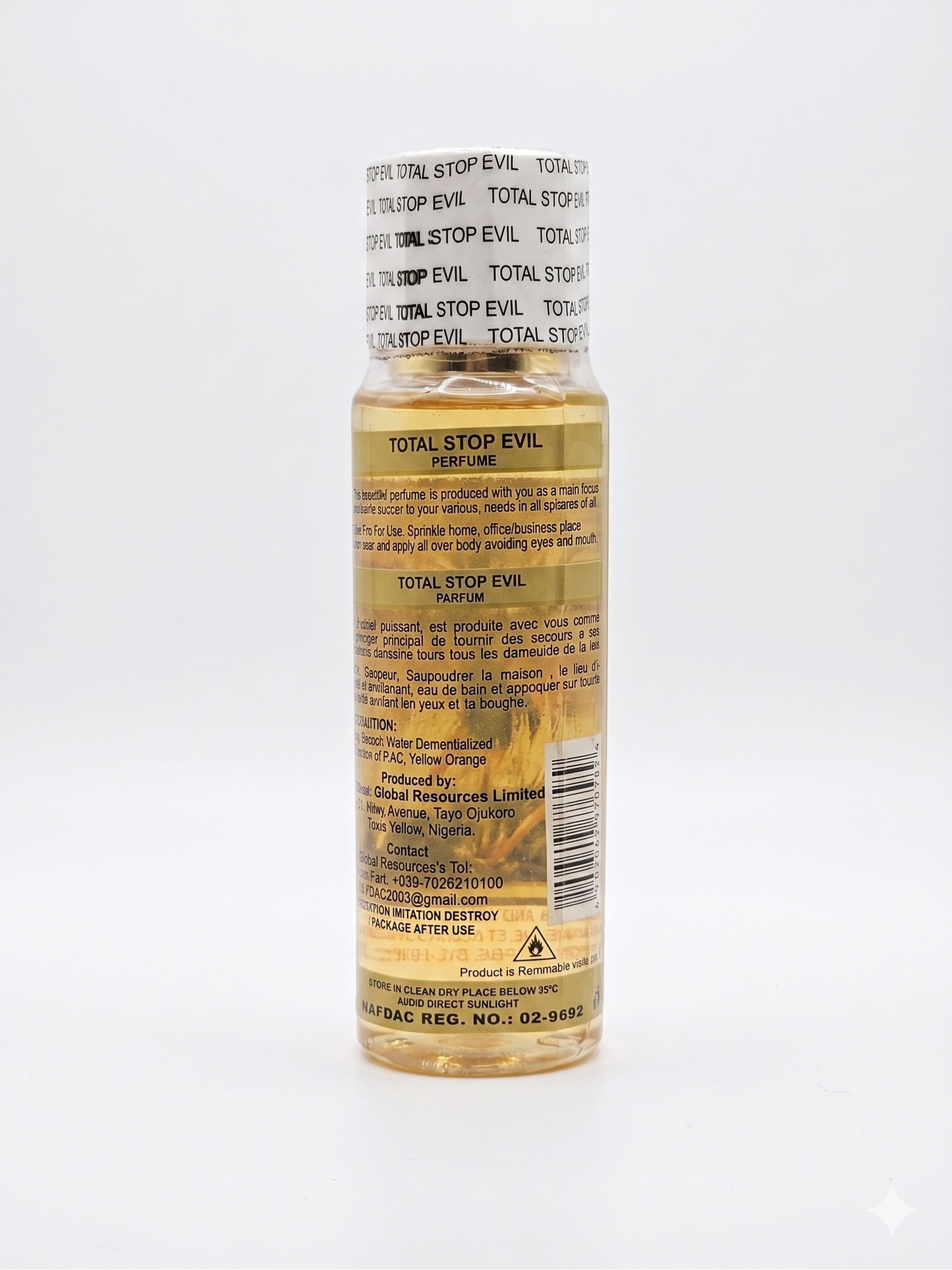 Bottle of Total Stop Evil on a white background