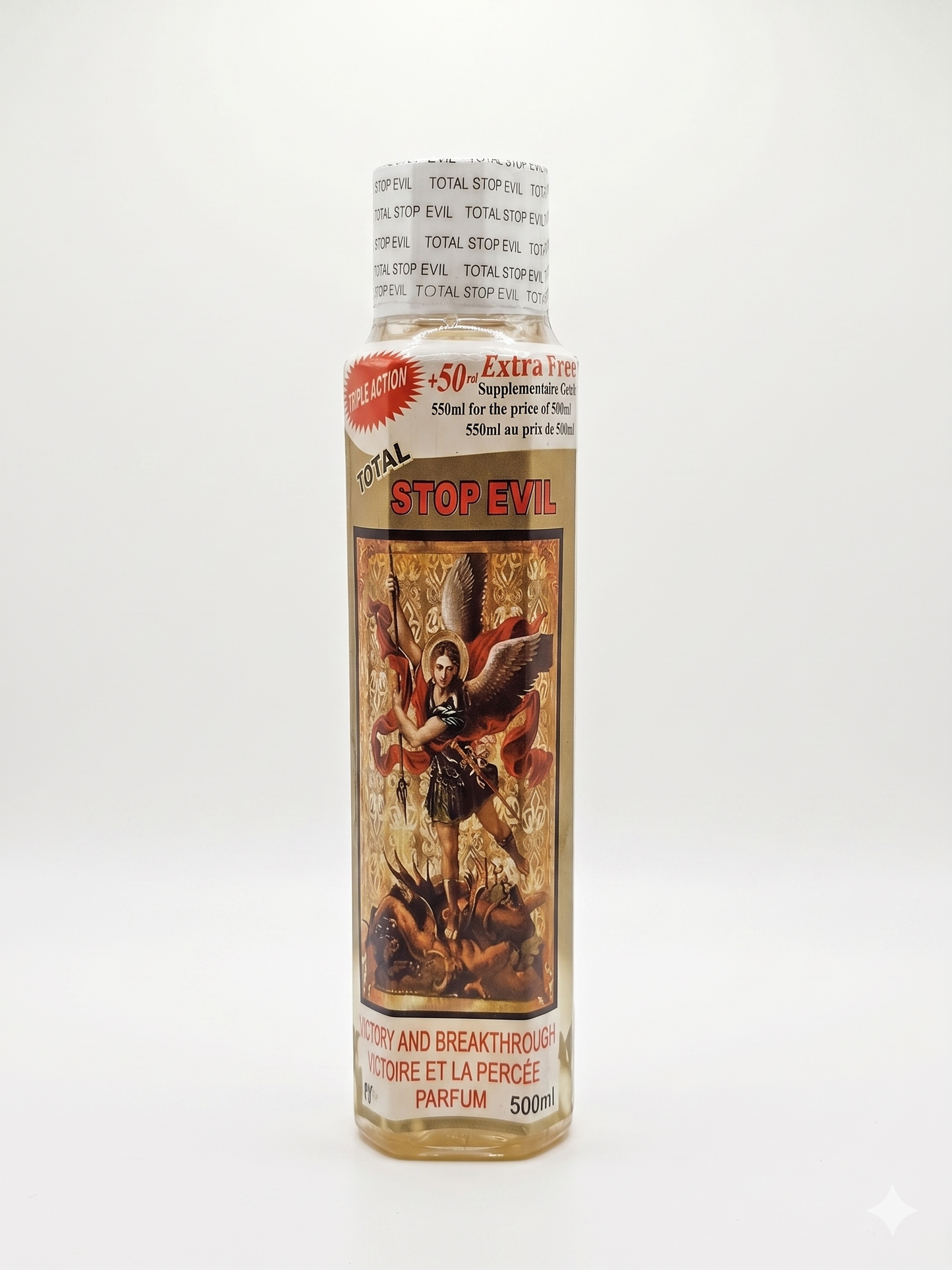 Perfume bottle with angelic design and text on a white background