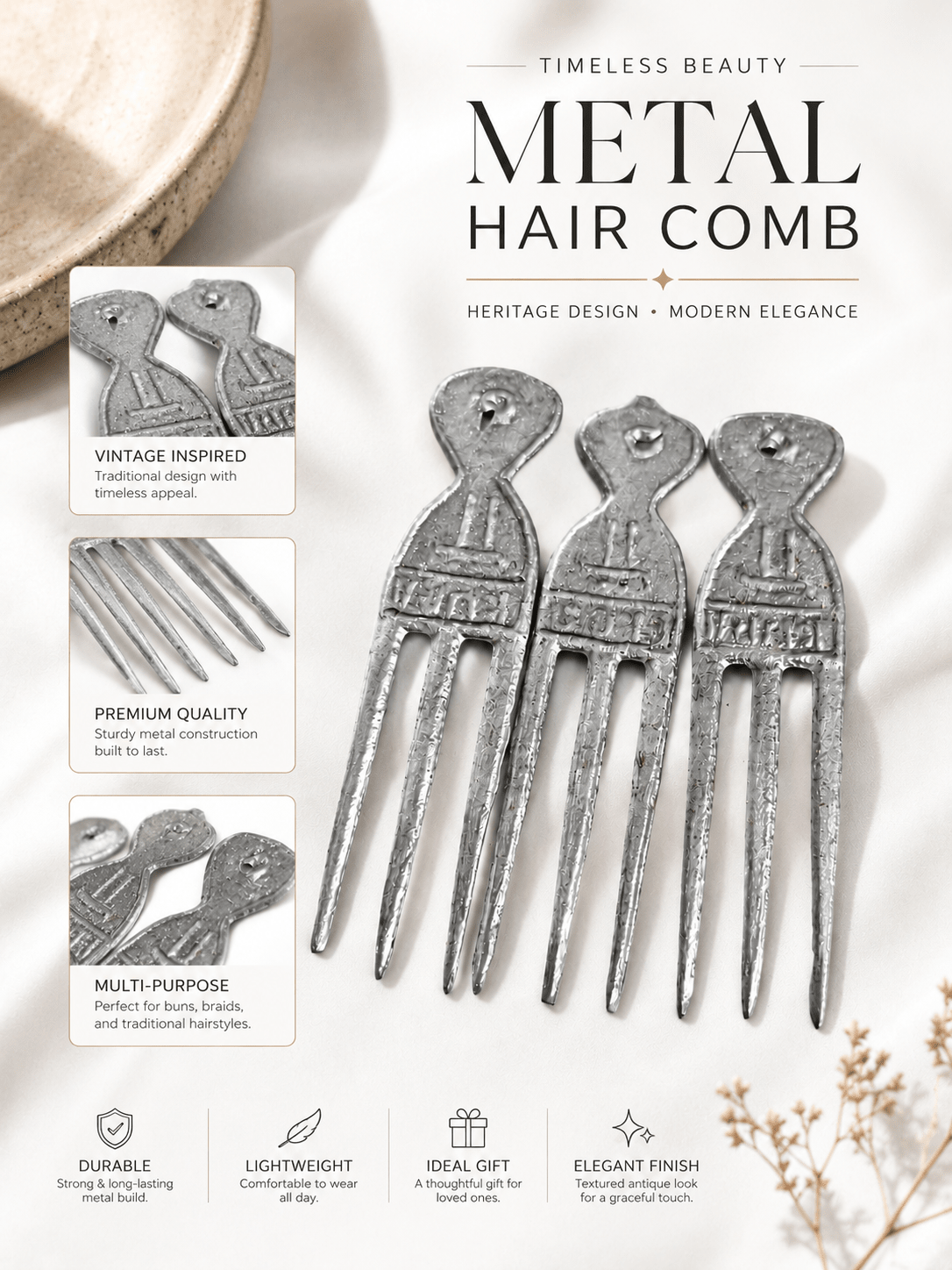 Traditional African Metal Hair Pick Comb – Silver 3-Prong Afro Hair Styling & Cultural Hair Accessory - Hair Accessory - Cherubim Aura