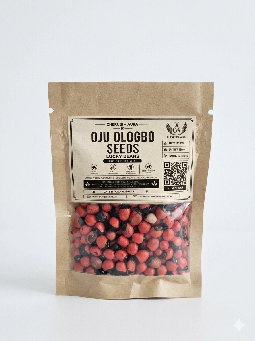 Genuine Oju Ologbo seeds for spiritual protection and warding off the 'evil eye,' showing the natural glossy red and black contrast used in African traditional rituals and talismans.
