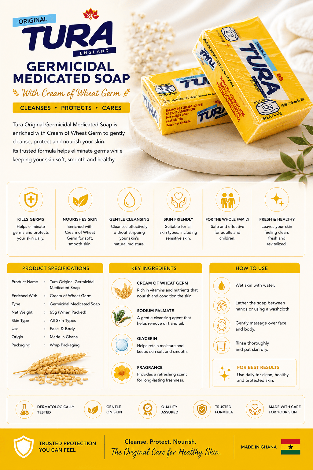 Tura Original Germicidal Medicated Soap 65g – Face & Body Cleansing Bar with Wheat Germ Oil, Vitamin E & Allantoin - Skincare - Cherubim Aura