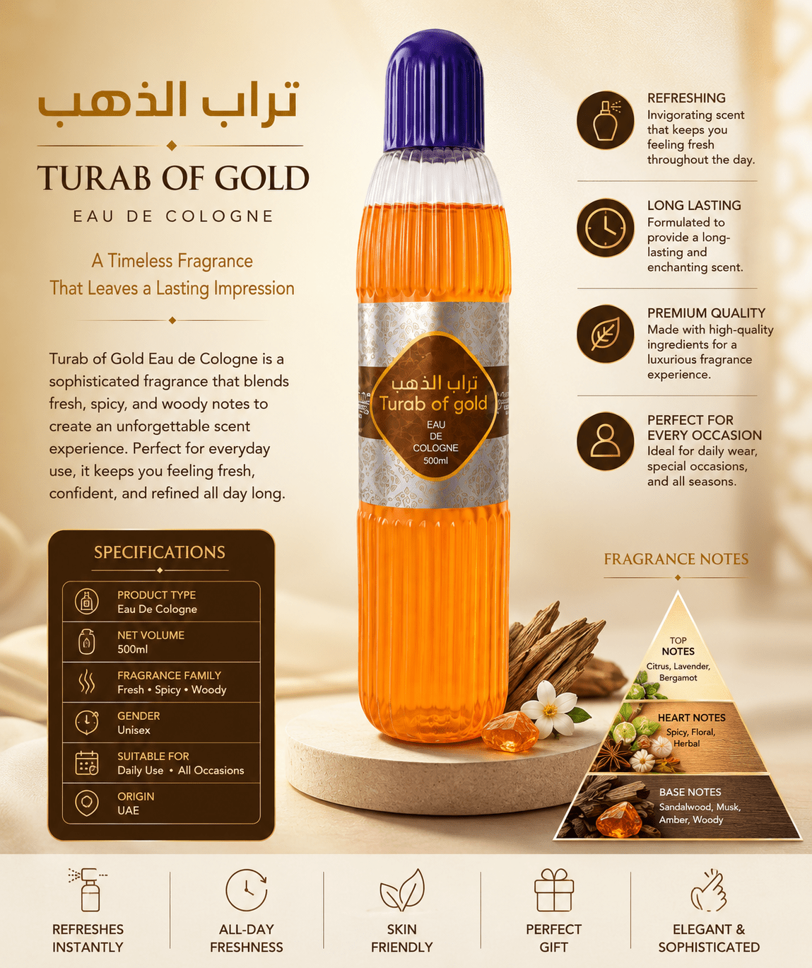 Turab of Gold Eau de Cologne 500ml – Traditional Fragrance Cologne for Personal, Cultural & Spiritual Use - Eau de Cologne - Cherubim Aura