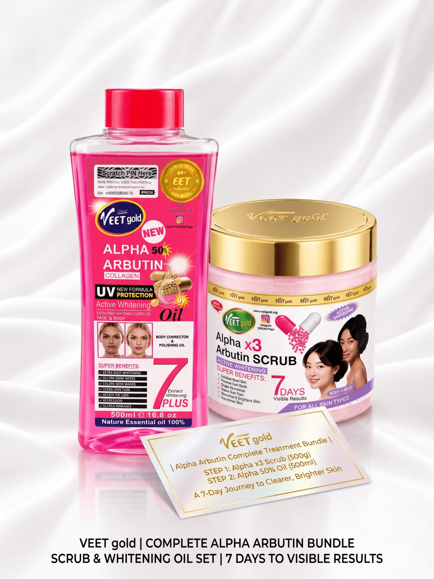 VEET Gold Alpha Arbutin Complete Treatment Bundle | Alpha x3 Body Scrub 500g + Alpha 50% Arbutin Body Oil 500ml - Skincare - Cherubim Aura