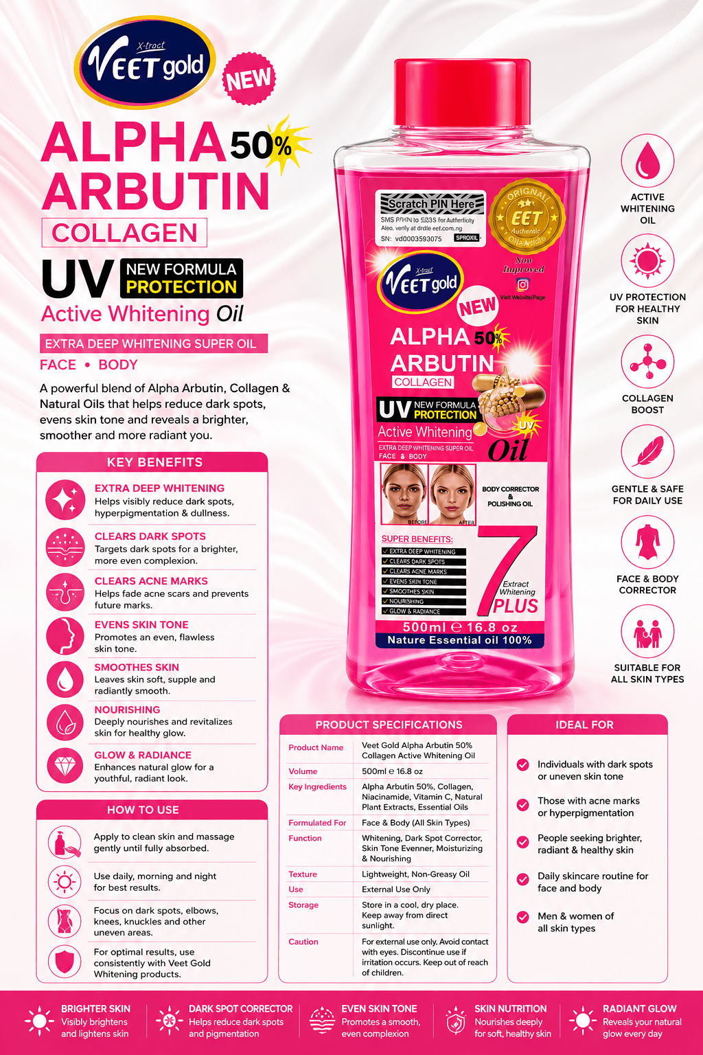 VEET Gold Alpha Arbutin Complete Treatment Bundle | Alpha x3 Body Scrub 500g + Alpha 50% Arbutin Body Oil 500ml - Skincare - Cherubim Aura