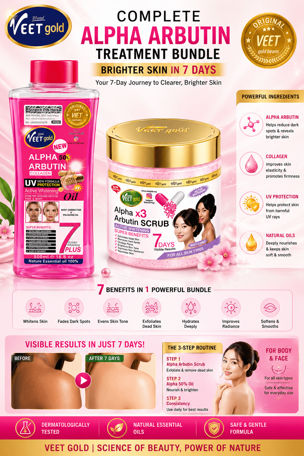VEET Gold Alpha Arbutin Complete Treatment Bundle | Alpha x3 Body Scrub 500g + Alpha 50% Arbutin Body Oil 500ml - Skincare - Cherubim Aura
