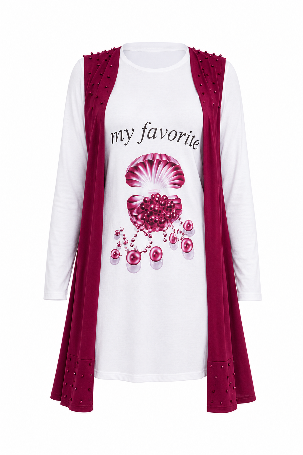 A white long-sleeve tunic dress with a magenta-pink printed graphic of a pomegranate and the text 'my favorite' on the front, styled with a matching open-front magenta cardigan featuring decorative eyelet trim.