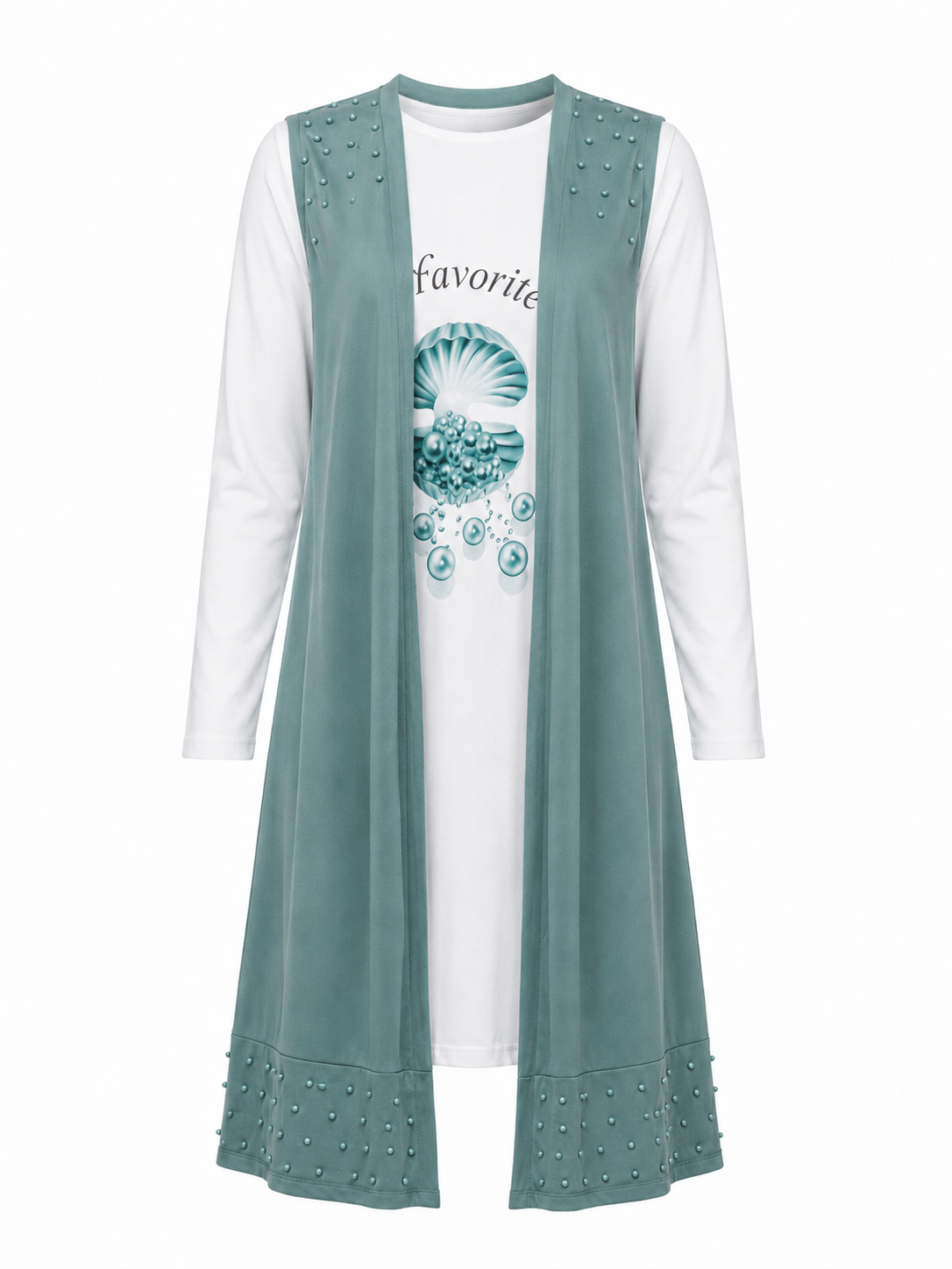 A long, open-front sage green cardigan vest with decorative bead details on the shoulders and hem, layered over a white long-sleeve t-shirt with a teal graphic print.