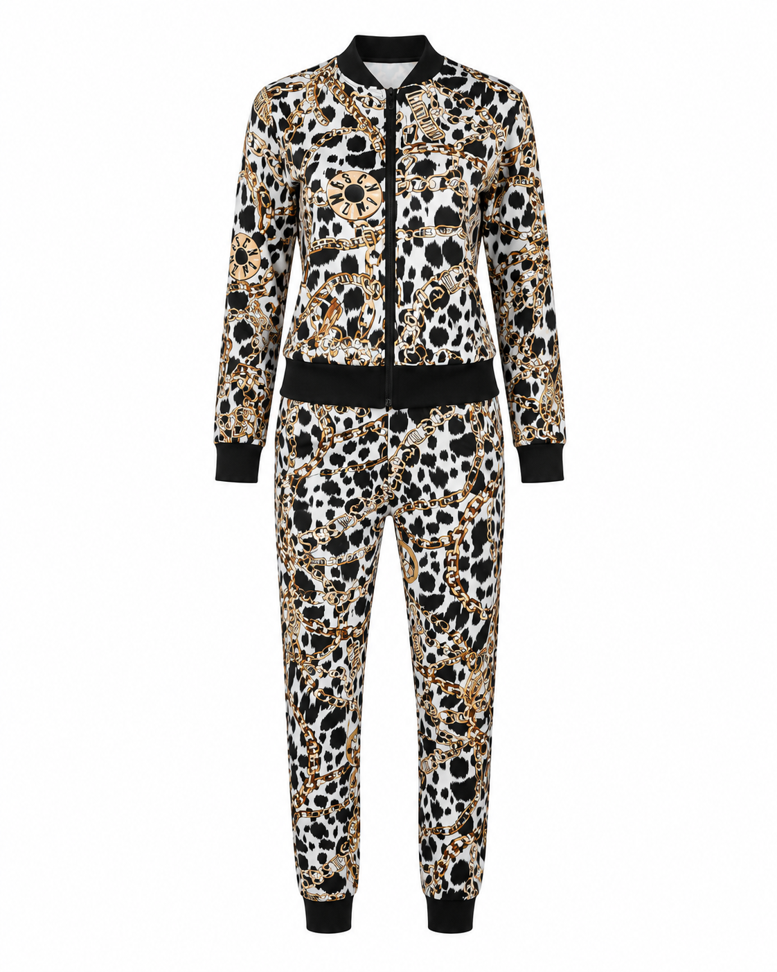 A matching two-piece tracksuit featuring a long-sleeve zip-up jacket and jogger pants in a black, white, and tan leopard print pattern with solid black ribbed trim.
