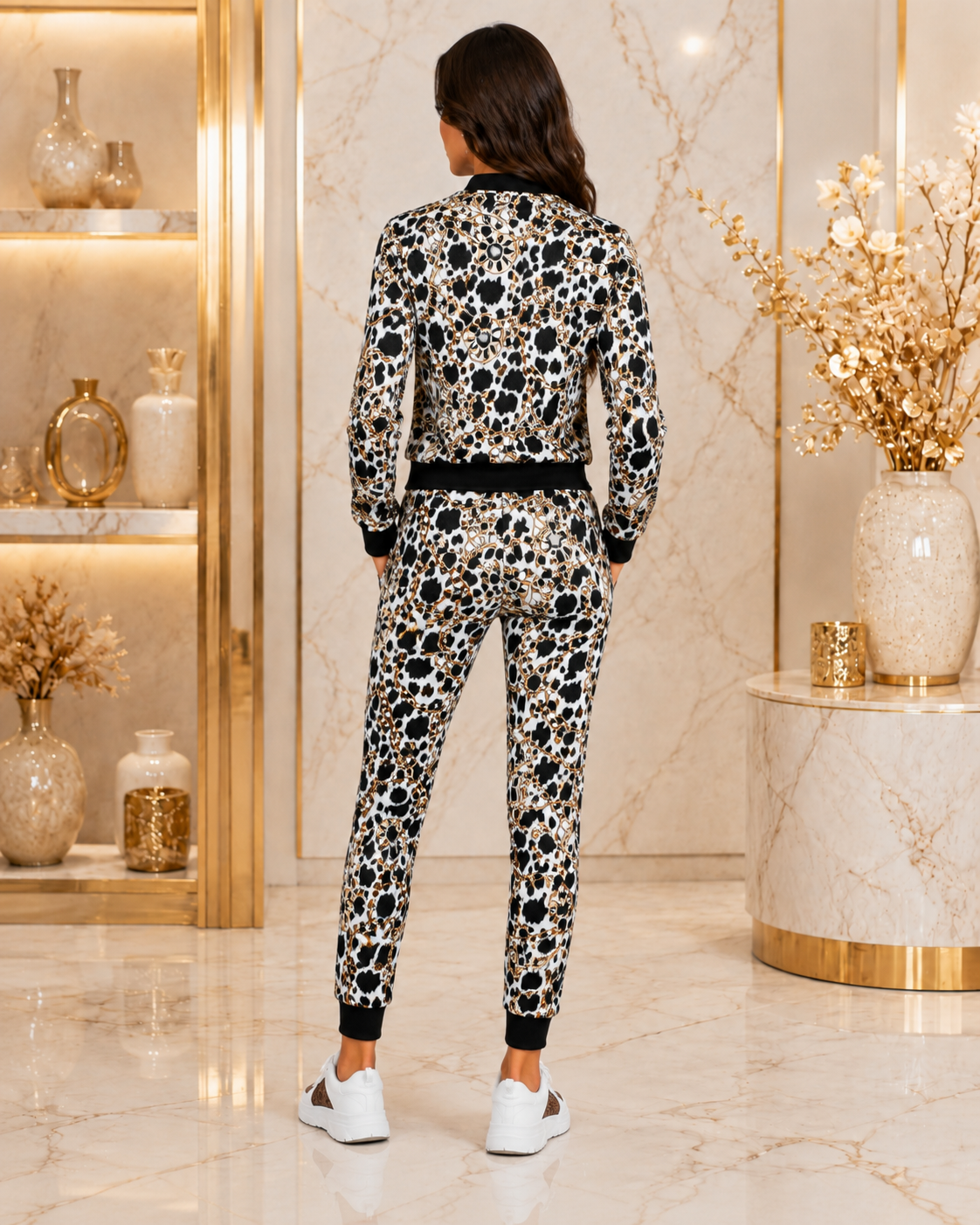 A woman stands with her back to the camera wearing a matching black and white patterned two-piece tracksuit with a black belt, set in a luxurious marble-floored room with gold accents.